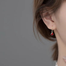 Load image into Gallery viewer, 18K gold plated or steel dangle earrings with cubic zirconia garnet red hearts, perfect for bridesmaid jewelry or a Valentine's Day gift.
