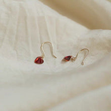 Load image into Gallery viewer, 18K gold plated or steel dangle earrings with cubic zirconia garnet red hearts, perfect for bridesmaid jewelry or a Valentine's Day gift.