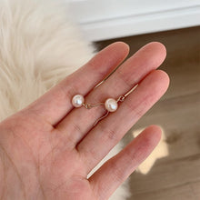 将图片加载到图库查看器,18K gold plated, silver, or steel Korean style dangle earrings with 5mm freshwater button pearls, perfect for weddings and sensitive ears, hypoallergenic and nickel-free.