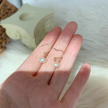 将图片加载到图库查看器,18K gold plated, silver, or steel Korean style dangle earrings with 5mm freshwater button pearls, perfect for weddings and sensitive ears, hypoallergenic and nickel-free.