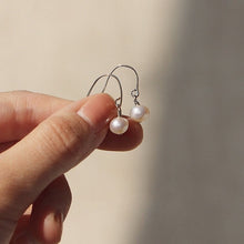 将图片加载到图库查看器,18K gold plated, silver, or steel Korean style dangle earrings with 5mm freshwater button pearls, perfect for weddings and sensitive ears, hypoallergenic and nickel-free.