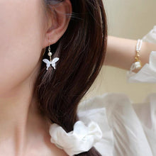Load image into Gallery viewer, 18K gold plated or surgical steel earrings with a 16mm natural mother of pearl butterfly design and AAA 4mm pearls, perfect for a wedding gift or special occasion.