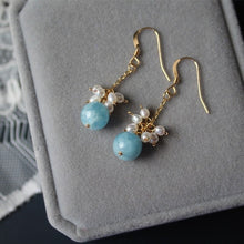 Load image into Gallery viewer, Gold/Silver 3mm Freshwater Pearl 8mm Light Blue Aquamarine Earring 4cm