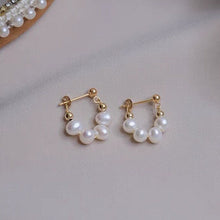 Load image into Gallery viewer, 18K gold plated surgical steel Korean fashion hoop stud earrings with AAA-grade 4-5mm pearls, perfect for adding a touch of sophistication to any outfit.