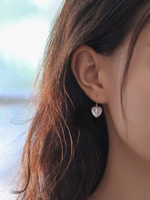 Load image into Gallery viewer, Earrings with 10mm Mozambique heart rose quartz, available in 18K gold-plated or silver stainless steel settings. Hypoallergenic and stylish.