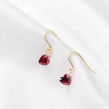 Load image into Gallery viewer, 18K gold plated or steel dangle earrings with cubic zirconia garnet red hearts, perfect for bridesmaid jewelry or a Valentine's Day gift.