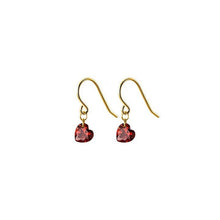 Load image into Gallery viewer, 18K gold plated or steel dangle earrings with cubic zirconia garnet red hearts, perfect for bridesmaid jewelry or a Valentine's Day gift.