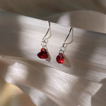 Load image into Gallery viewer, 18K gold plated or steel dangle earrings with cubic zirconia garnet red hearts, perfect for bridesmaid jewelry or a Valentine's Day gift.