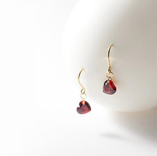 Load image into Gallery viewer, 18K gold plated or steel dangle earrings with cubic zirconia garnet red hearts, perfect for bridesmaid jewelry or a Valentine's Day gift.