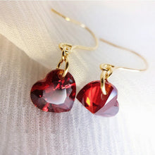 Load image into Gallery viewer, 18K gold plated or steel dangle earrings with cubic zirconia garnet red hearts, perfect for bridesmaid jewelry or a Valentine's Day gift.
