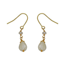 Load image into Gallery viewer, 18K gold plated dangle earrings featuring 8-9mm natural mother of pearl white champaca flowers, perfect for adding elegance and sophistication to any outfit.