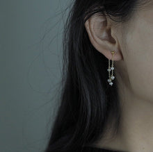 Load image into Gallery viewer, A pair of 18K Gold Plated steel earrings with 3mm baroque natural pearls, measuring 4-4.5cm in length, ideal for weddings and bridesmaid gifts.