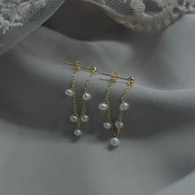 Load image into Gallery viewer, A pair of 18K Gold Plated steel earrings with 3mm baroque natural pearls, measuring 4-4.5cm in length, ideal for weddings and bridesmaid gifts.
