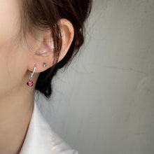 Load image into Gallery viewer, Hoop earrings plated with 18K gold, featuring 6mm garnet red cubic zirconia stones and a lever-back closure. Dainty and minimalist, perfect for bridesmaid jewelry or a Valentine's Day gift.
