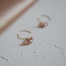 Load image into Gallery viewer, 18K gold-plated earrings with tiny 2-3mm purple pearls. Dainty and elegant, ideal for adding a pop of color to your look.