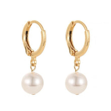 Load image into Gallery viewer, 18K gold plated earrings with 8mm glass crystal pearls, perfect for minimalist everyday jewelry that adds a touch of sophistication to any outfit.