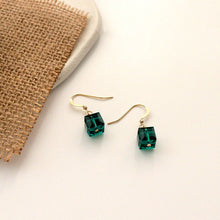 Load image into Gallery viewer, A pair of 18K gold plated dangle earrings featuring 6mm sugar cube green beads, offering a vibrant touch to the sophisticated gold setting.