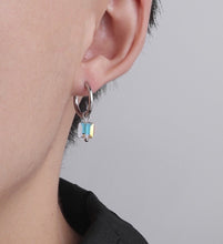 Load image into Gallery viewer, Minimalist hoop earrings with clear AB sugar cube charm, available in 15mm or 17mm sizes. Crafted from surgical steel, hypoallergenic and safe for sensitive ears.