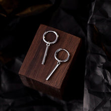 Load image into Gallery viewer, Minimalist hoop earrings with 2cm rectangle charm, available in 15mm or 17mm sizes. Crafted from surgical steel, hypoallergenic and safe for sensitive ears.