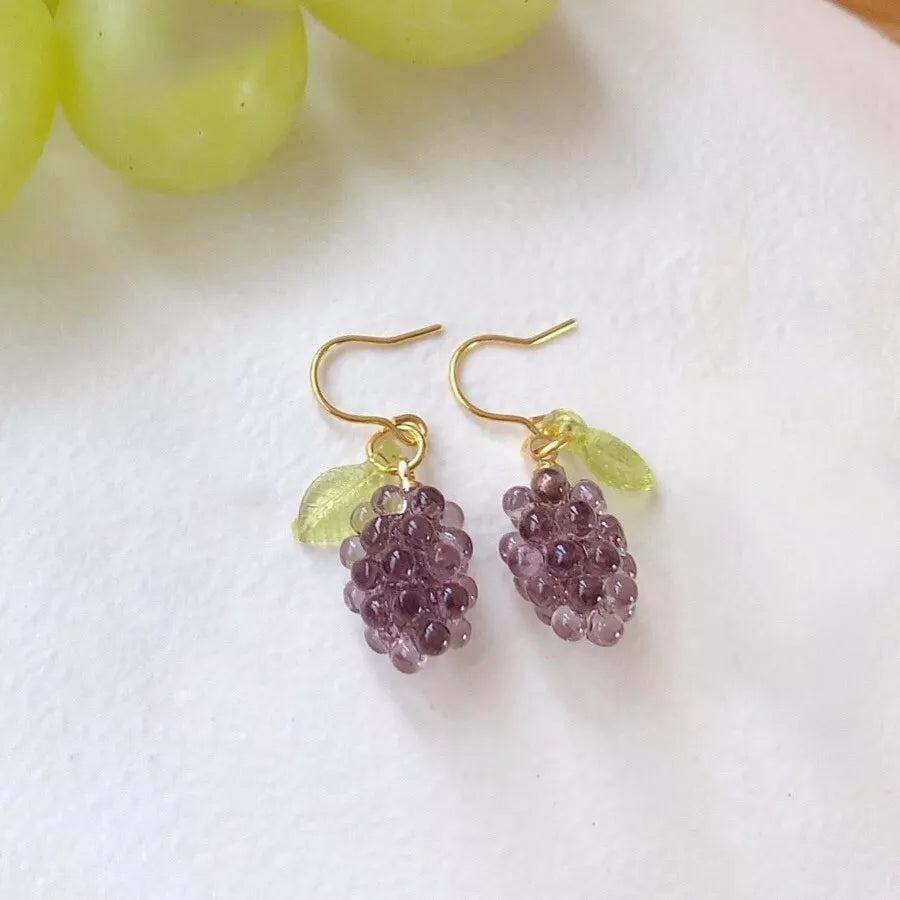 18K Gold Plated Grapes Glass Fruit Leaves Beads Earrings Dangle