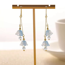 将图片加载到图库查看器，18K Gold Plated Bell Flowers Blue Crystal Dangle Drop Earrings
