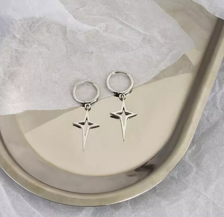 14mm Hoop Surgical Stainless Steel Four Pointed Star Earrings 4cm