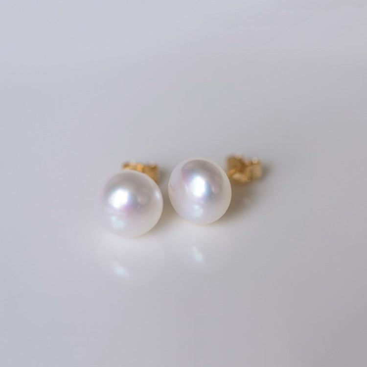 14K Gold 8mm AAA Button Freshwater Pearls Earrings