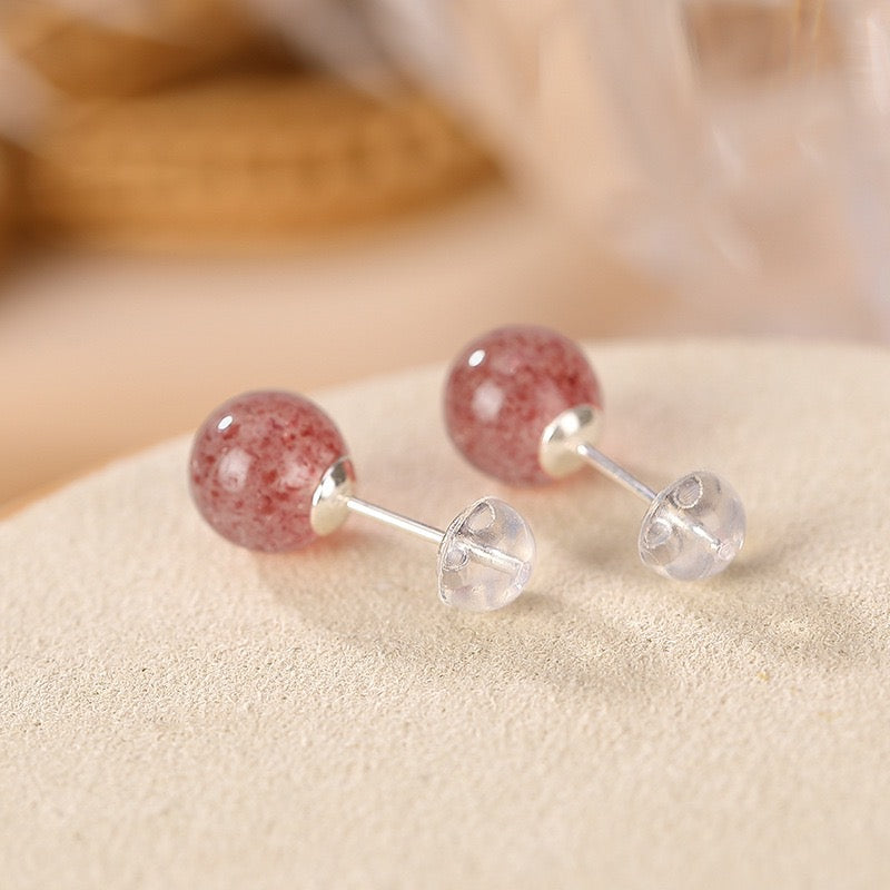 14K Solid Gold/ S925 Sterling Silver 7mm Strawberry Quartz Post Earrings