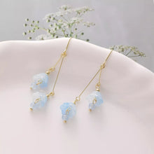 将图片加载到图库查看器，18K Gold Plated Bell Flowers Blue Crystal Dangle Drop Earrings
