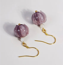 Load image into Gallery viewer, 18K Gold Plated S925 Bell Flower Purple Lampwork Earrings
