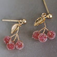 Load image into Gallery viewer, 18K Gold Plated Gold Leaves 5mm Pink Chinese Bayberry Stud Earrings
