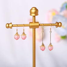 Load image into Gallery viewer, 18K Gold Plated Pink Rose Bud Glass Lamp work Earrings Dangle
