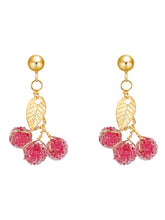 Load image into Gallery viewer, 18K Gold Plated Gold Leaves 5mm Pink Chinese Bayberry Stud Earrings
