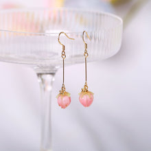 Load image into Gallery viewer, 18K Gold Plated Pink Rose Bud Glass Lamp work Earrings Dangle
