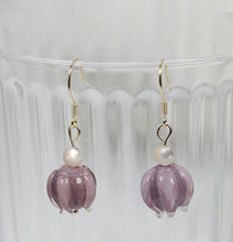 Load image into Gallery viewer, 18K Gold Plated S925 Bell Flower Purple Lampwork Earrings
