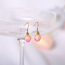 Load image into Gallery viewer, 18K Gold Plated Pink Rose Bud Glass Lamp work Earrings Dangle
