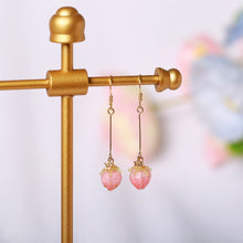 Load image into Gallery viewer, 18K Gold Plated Pink Rose Bud Glass Lamp work Earrings Dangle
