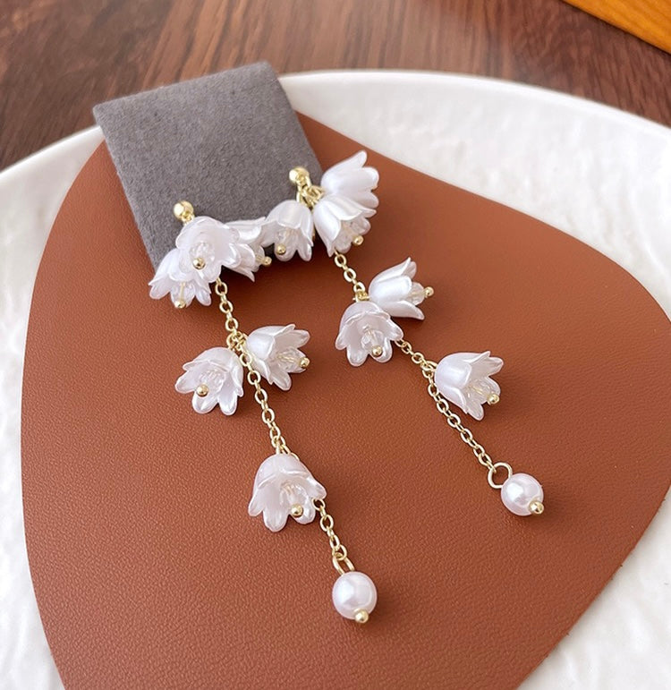 18K Gold Plated Bell Flowers White Flora Drop Glass Pearls Earrings