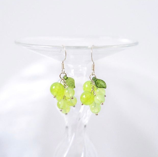 S925 Silver Lavender Jade Green Agate Amethyst 5-6mm Grape Leaf Dangle Earrings