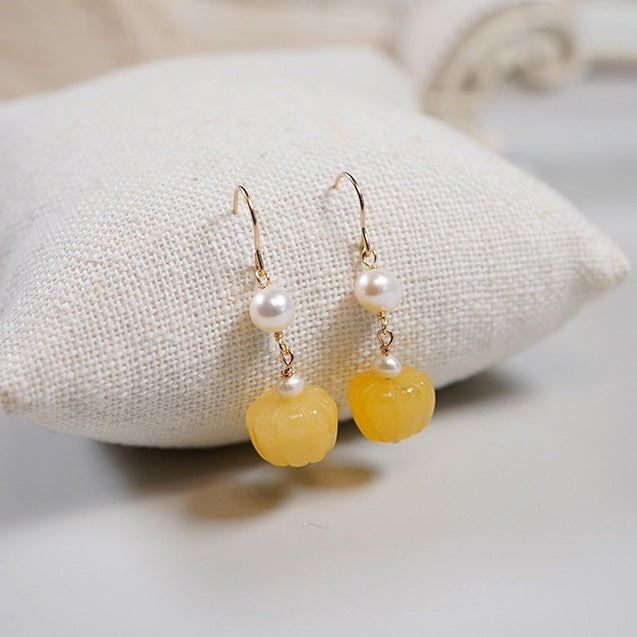 18K Gold Plated Pumpkin Jade Dangle Drop Earrings