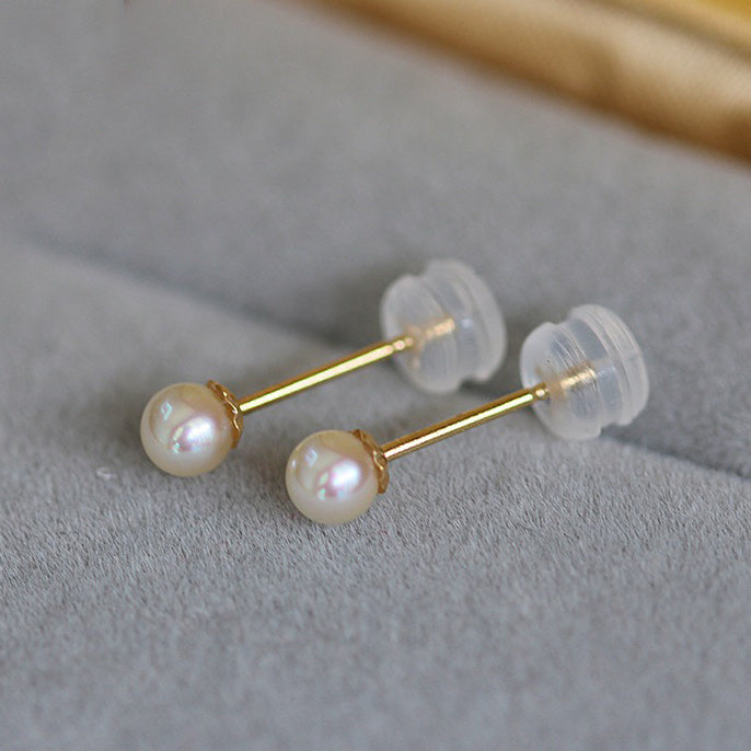 18K Gold Plated/925 Sterling Silver 3-3.5mm Mini AAA Button Pearls Stud Sleeper Earring 14mm Short Post