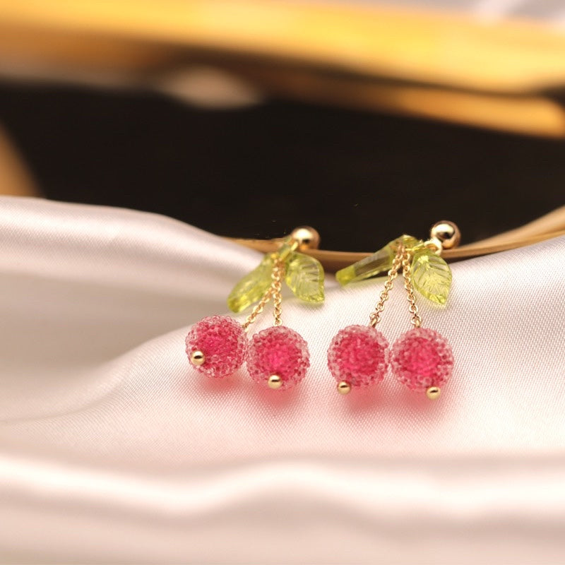 18K Gold Plated 5mm Pink Chinese Bayberry Beads Earrings