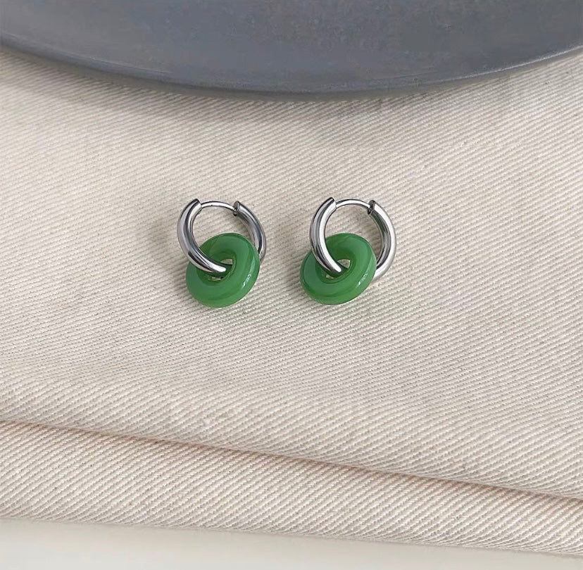 Surgical Steel 15mm Huggie Hoop 12mm Glaze Donut Jade Earrings