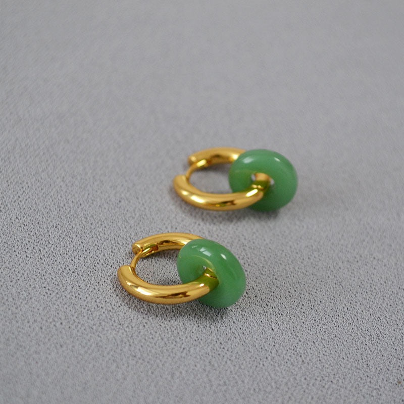 18K Gold Plated Surgical Steel 15mm Huggie Hoop 12mm Glaze Donut Jade Earrings