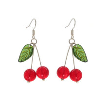 Load image into Gallery viewer, S925 Cherry Fruit Dangle 8mm Red Jade 15mm Leaves  Earrings
