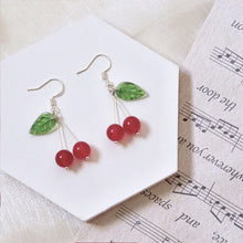 Load image into Gallery viewer, S925 Cherry Fruit Dangle 8mm Red Jade 15mm Leaves  Earrings
