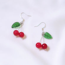 Load image into Gallery viewer, S925 Cherry Fruit Dangle 8mm Red Jade 15mm Leaves  Earrings
