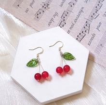 Load image into Gallery viewer, S925 Cherry Fruit Dangle 8mm Red Jade 15mm Leaves  Earrings
