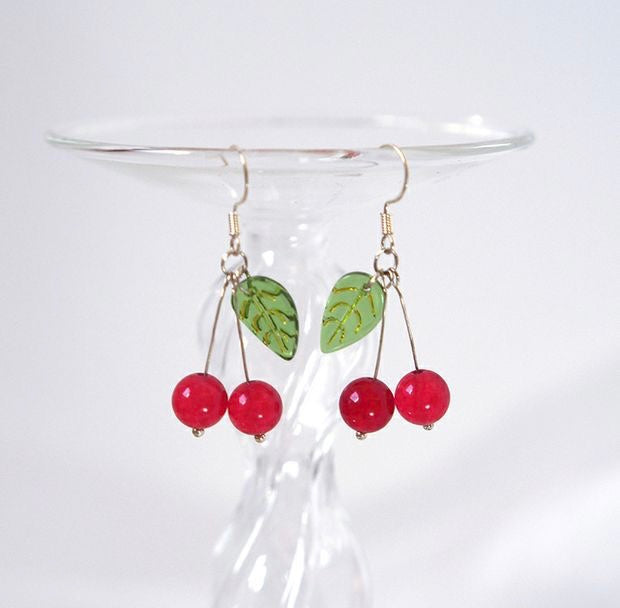 S925 Cherry Fruit Dangle 8mm Red Jade 15mm Leaves  Earrings