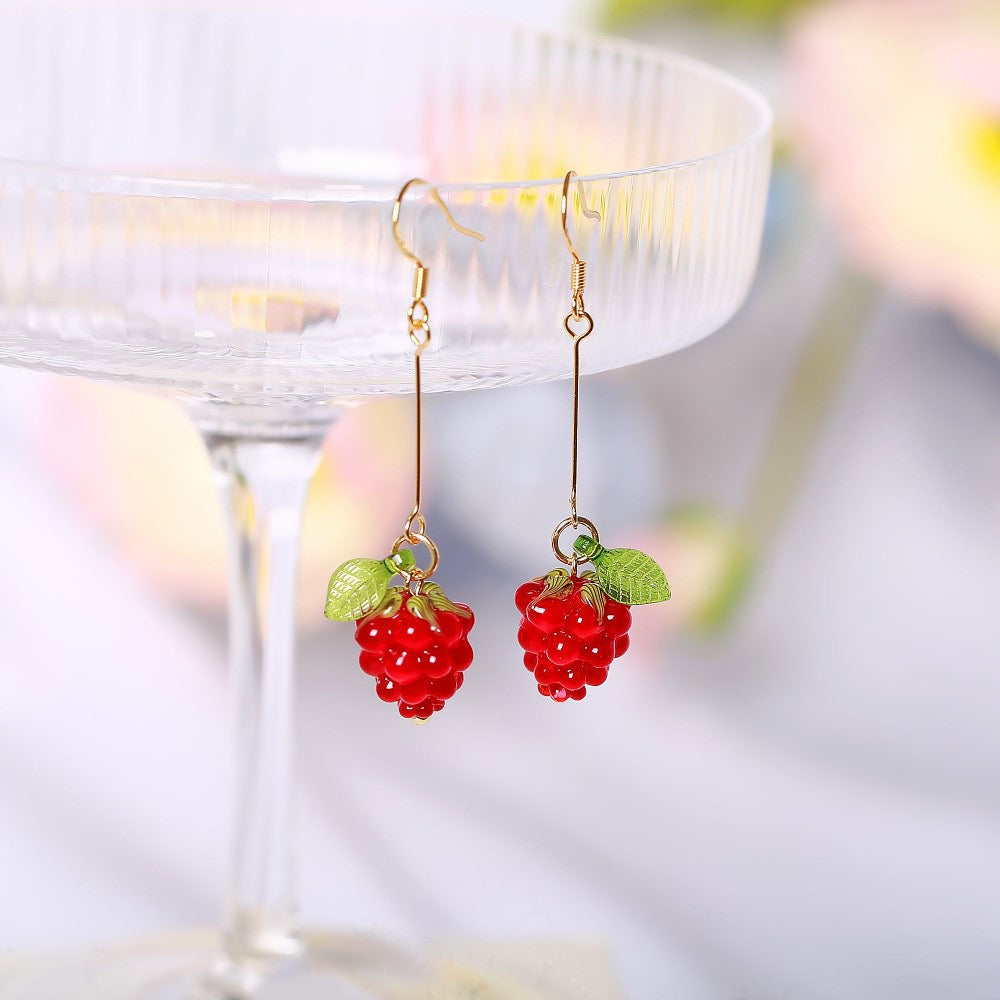 18K Gold Plated S925  Lamp-work Raspberry Bead Dangle Earrings